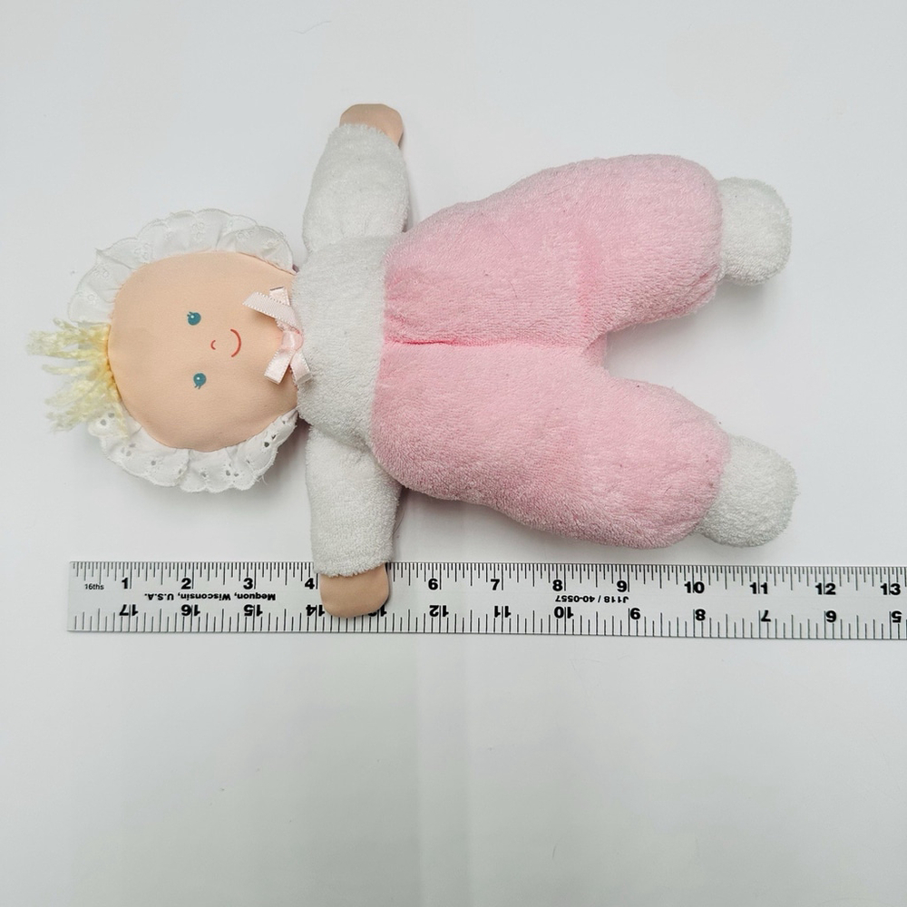 Vintage Eden Pink White Doll Terry Cloth Blue Eyes Bonnet Lace Soft Plush 10”Toy - Picture 11 of 11